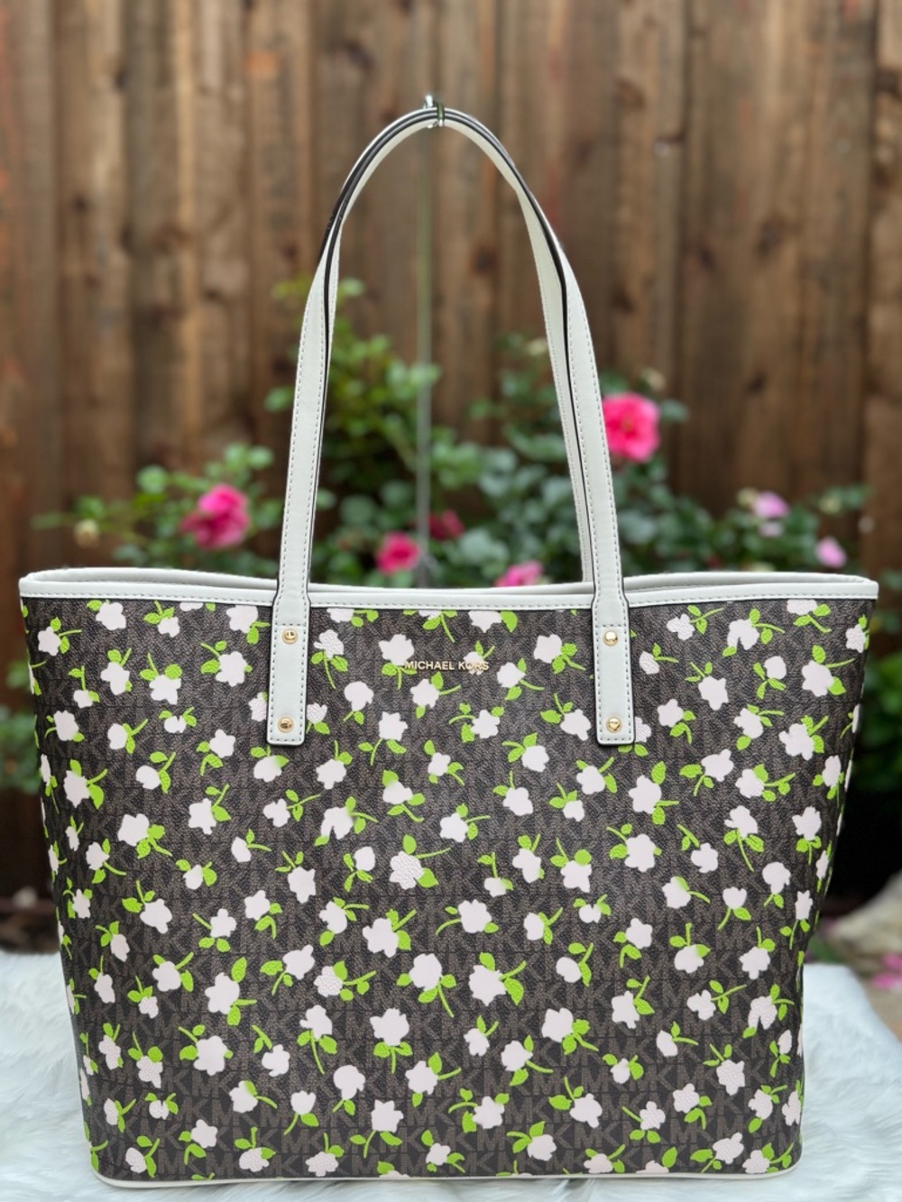 NWT Michael Kors Carter Brown Multi Large Open Tote Pink Blossoms Purse